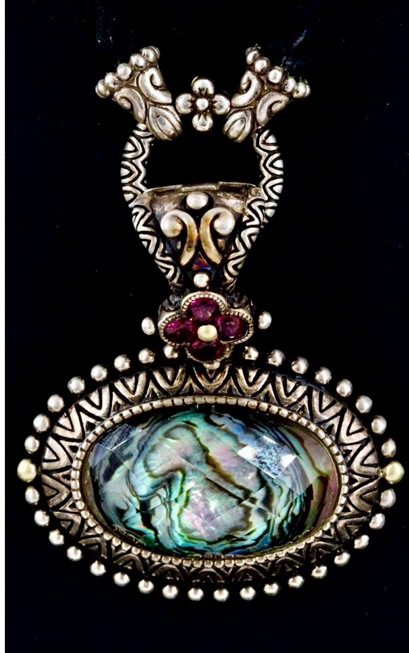 Rare Barbara Bixby 18K Gold Ammolite Rhodolite Enhancer Necklace Set